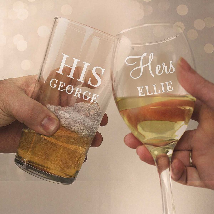 Mr & Mrs Gifts | Temptation Gifts Personalised 'His & Hers' Pint And Wine Glass Set