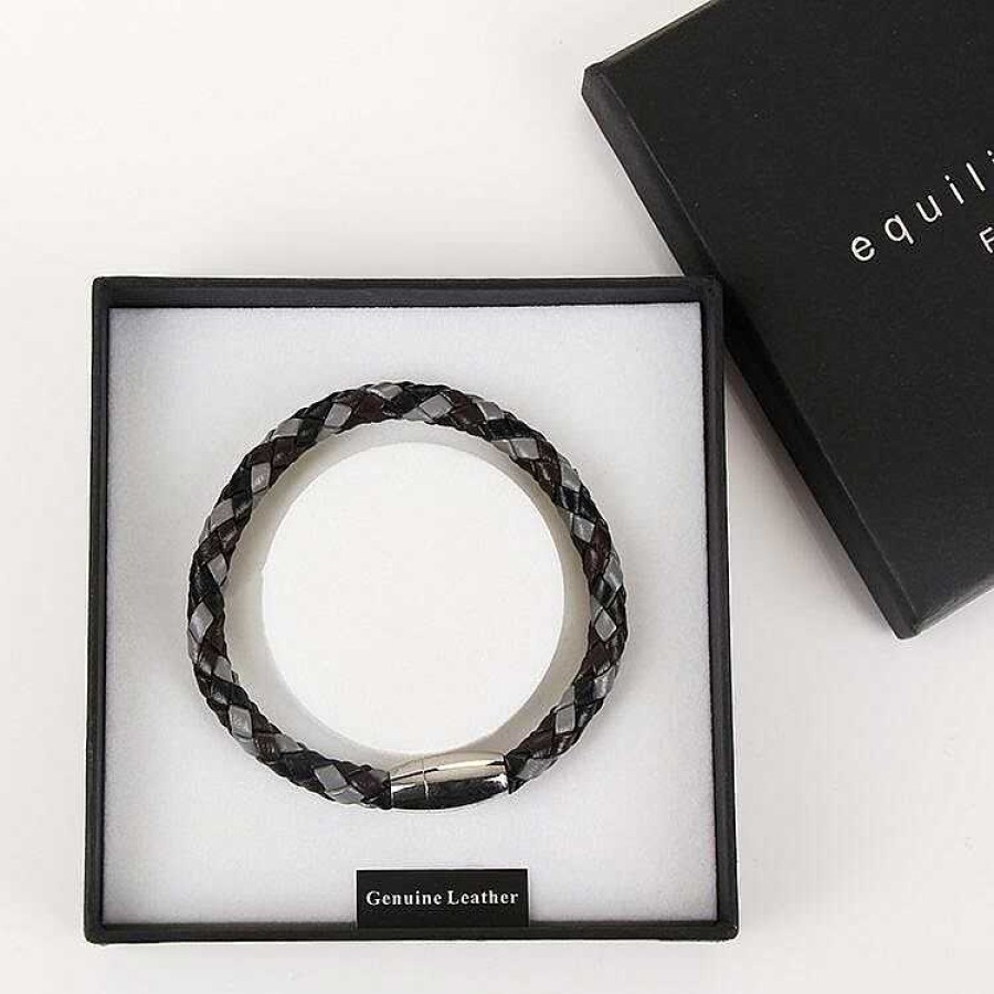 For Men | Equilibrium Equilibrium Men'S Three Tone Plait Leather Bracelet Grey Brown Black