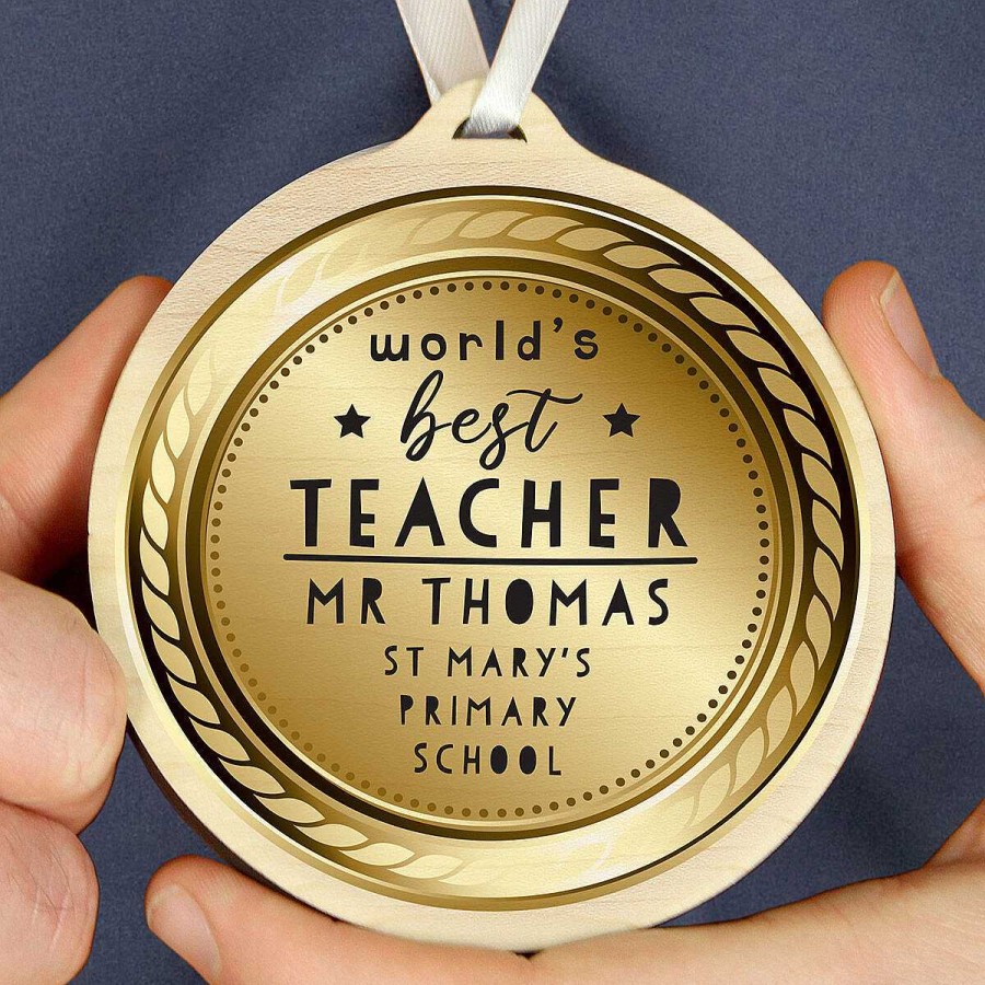 Personalised Gifts | Temptation Gifts Personalised 'World'S Best Teacher' Round Wooden Medal