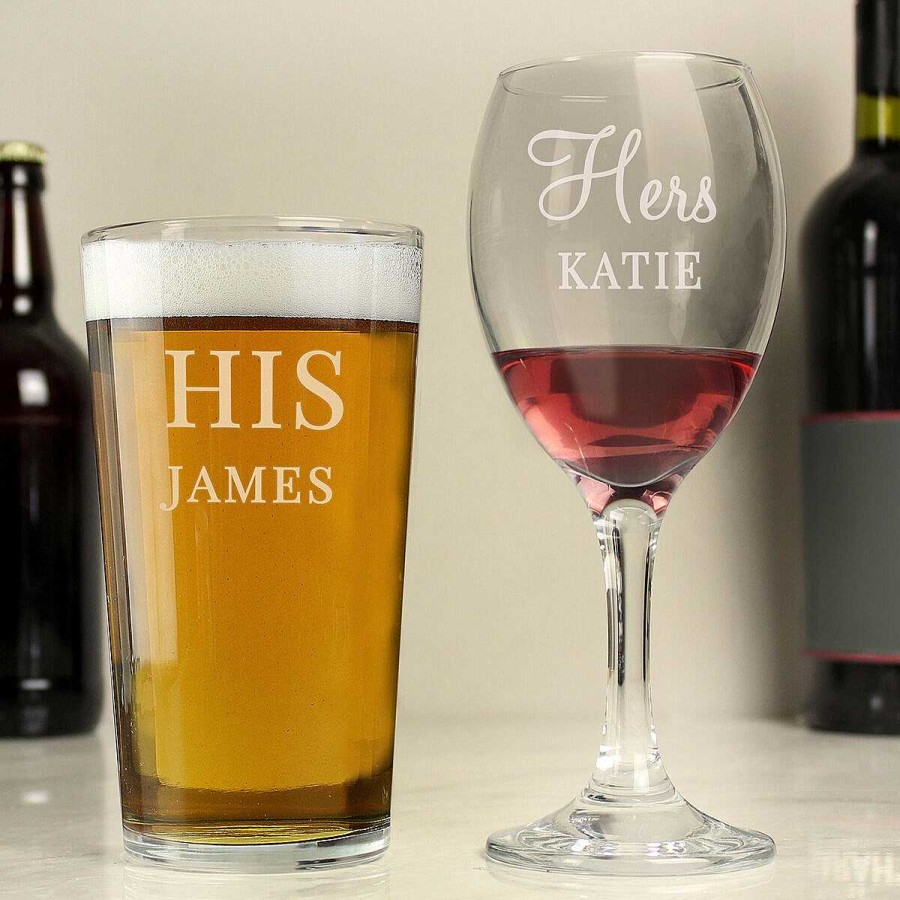 Mr & Mrs Gifts | Temptation Gifts Personalised 'His & Hers' Pint And Wine Glass Set