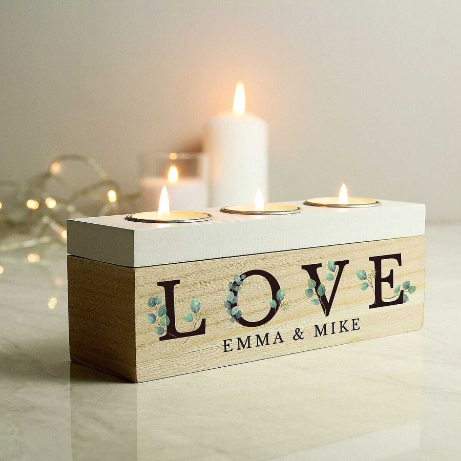 Keepsake Boxes | Temptation Gifts Personalised 'Love' Botanical Triple Tealight Box