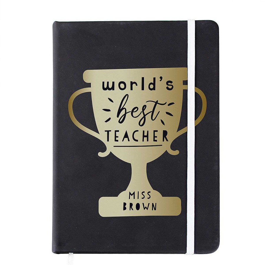 Personalised Gifts | Temptation Gifts Personalised 'World'S Best Teacher' Trophy Black Hardback A5 Notebook