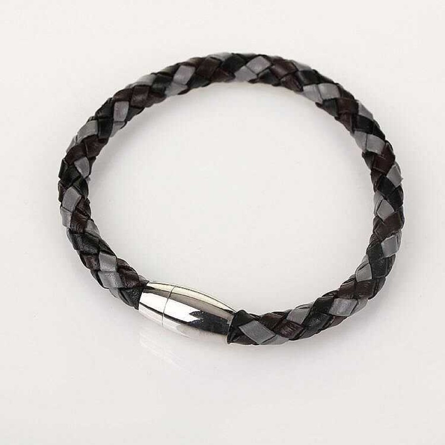 For Men | Equilibrium Equilibrium Men'S Three Tone Plait Leather Bracelet Grey Brown Black