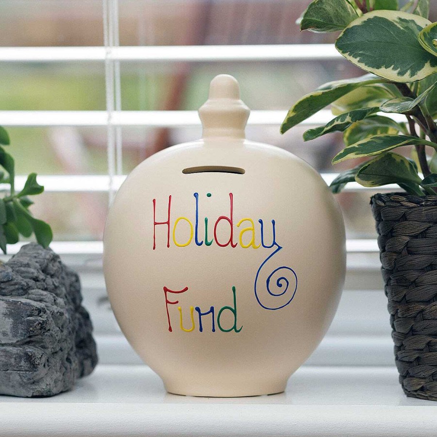 Money Pots | Temptation Temptation 'Holiday Fund' Multi-Colour On Cream Money Pot