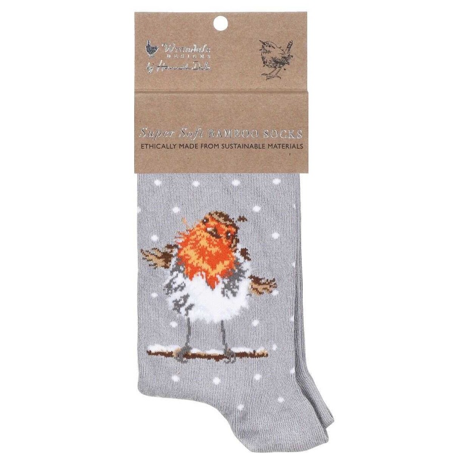 Socks | Wrendale Wrendale 'Jolly Robin' Grey Robin Women'S Bamboo Christmas Socks