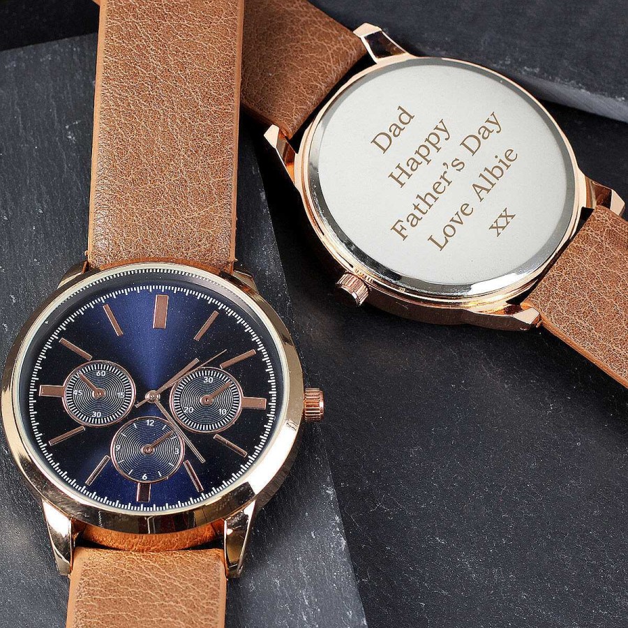 Watches | Temptation Gifts Personalised Men'S Rose Gold Tone Watch With Brown Strap