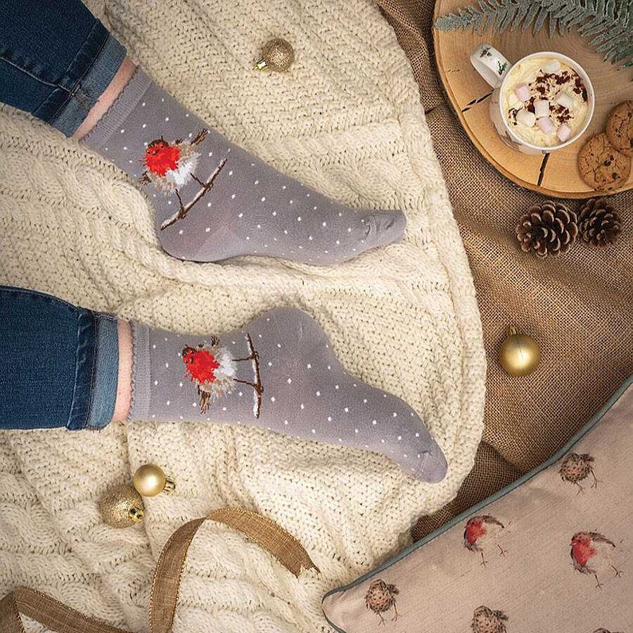 Socks | Wrendale Wrendale 'Jolly Robin' Grey Robin Women'S Bamboo Christmas Socks