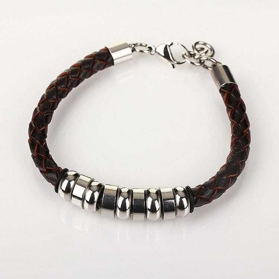 For Men | Equilibrium Equilibrium Men'S 9 Ring Stainless Steel Brown Leather Bracelet