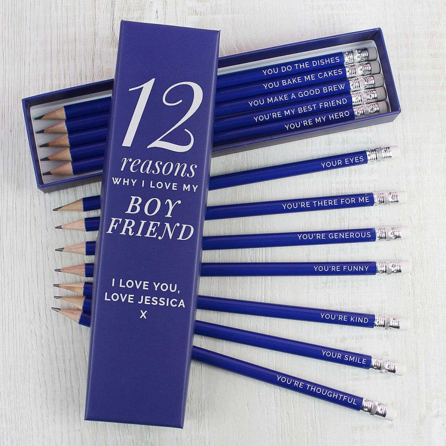 Boyfriend | Temptation Gifts Personalised '12 Reasons' Box And 12 Blue Hb Pencils