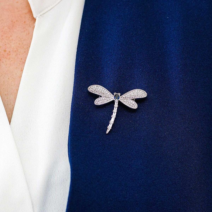 Brooches & Pin Badges | Equilibrium Equilibrium Glitzy Dragonfly White Gold Plated Brooch