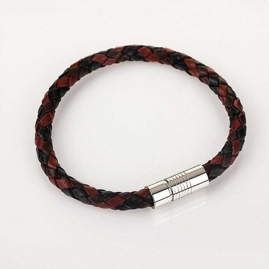 For Men | Equilibrium Equilibrium Men'S Three Tone Plait Leather Bracelet Red Brown Black