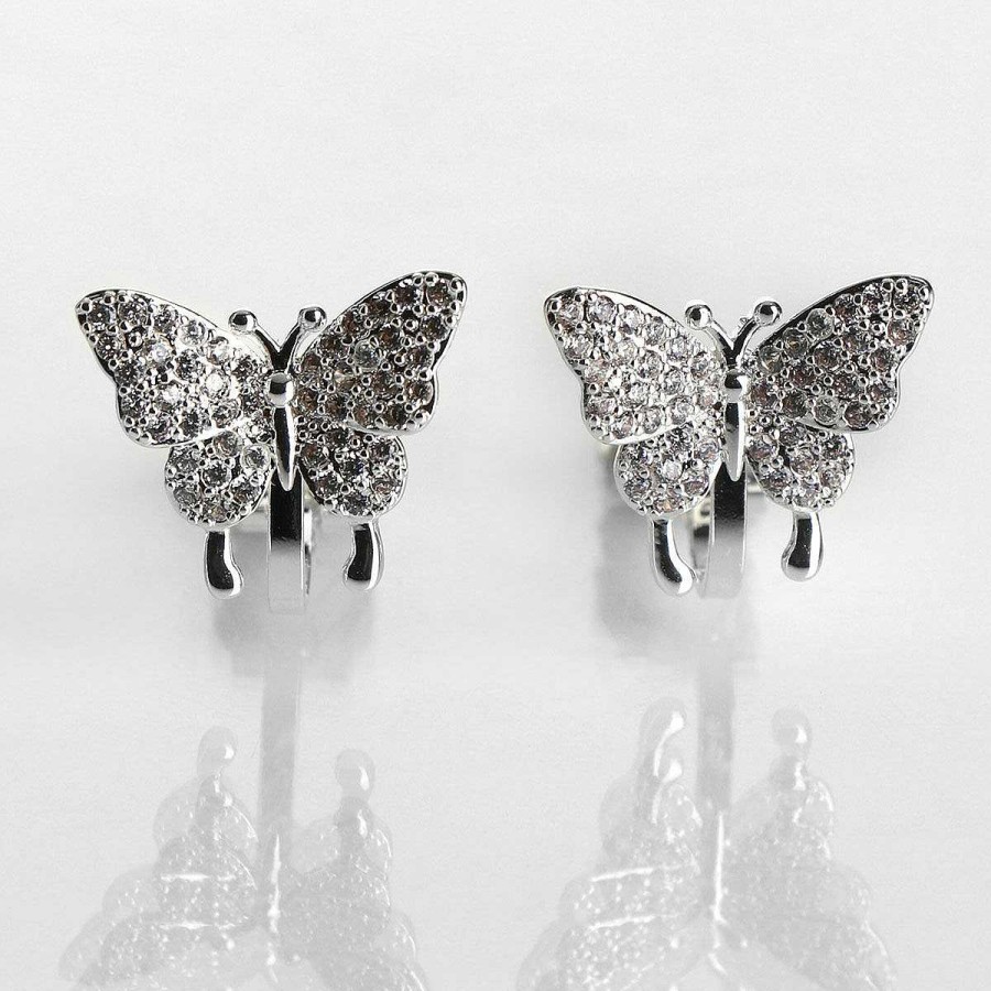 Earrings | Equilibrium Equilibrium Silver Plated Pave Butterfly Clip On Earrings