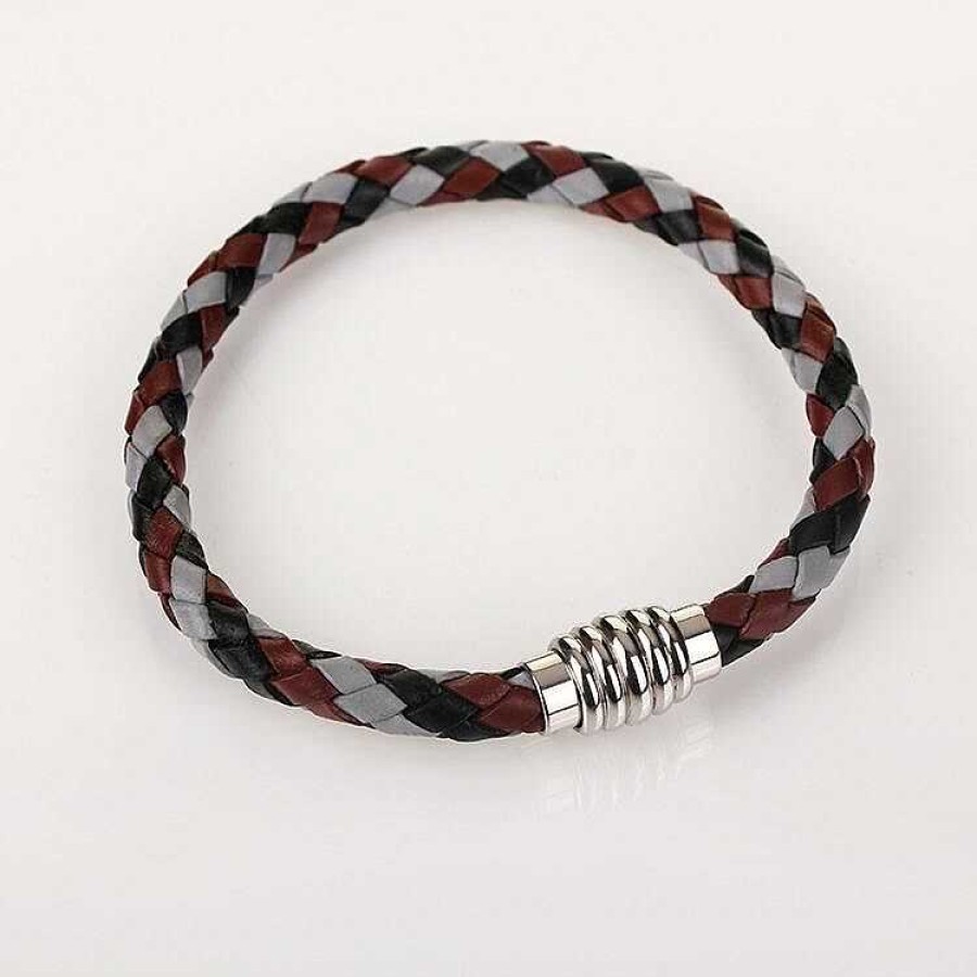 For Men | Equilibrium Equilibrium Men'S Three Tone Plait Leather Bracelet Grey Red Black