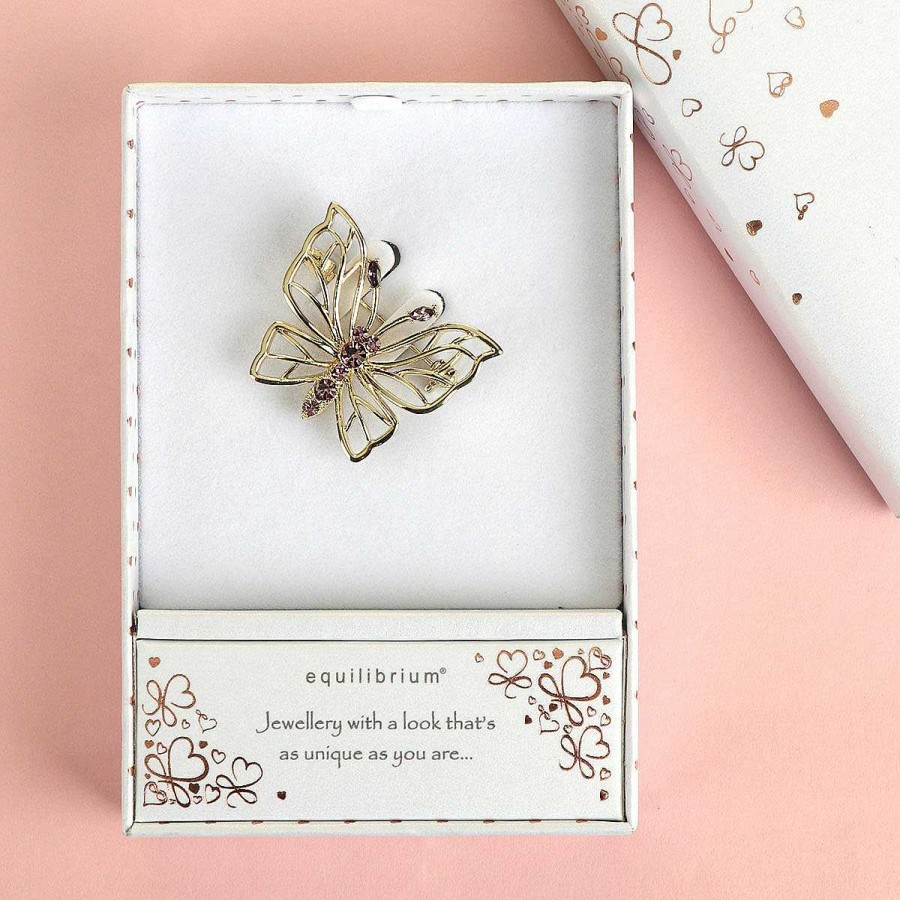 Brooches & Pin Badges | Equilibrium Equilibrium Gold-Plated Sparkle Filigree Butterfly Brooch