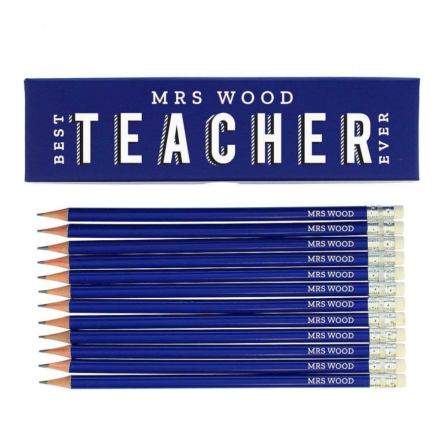 Personalised Gifts | Temptation Gifts Personalised Best Teacher Ever Box And 12 Blue Hb Pencils