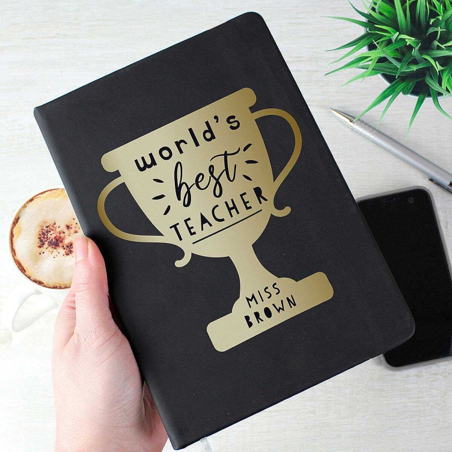 Personalised Gifts | Temptation Gifts Personalised 'World'S Best Teacher' Trophy Black Hardback A5 Notebook