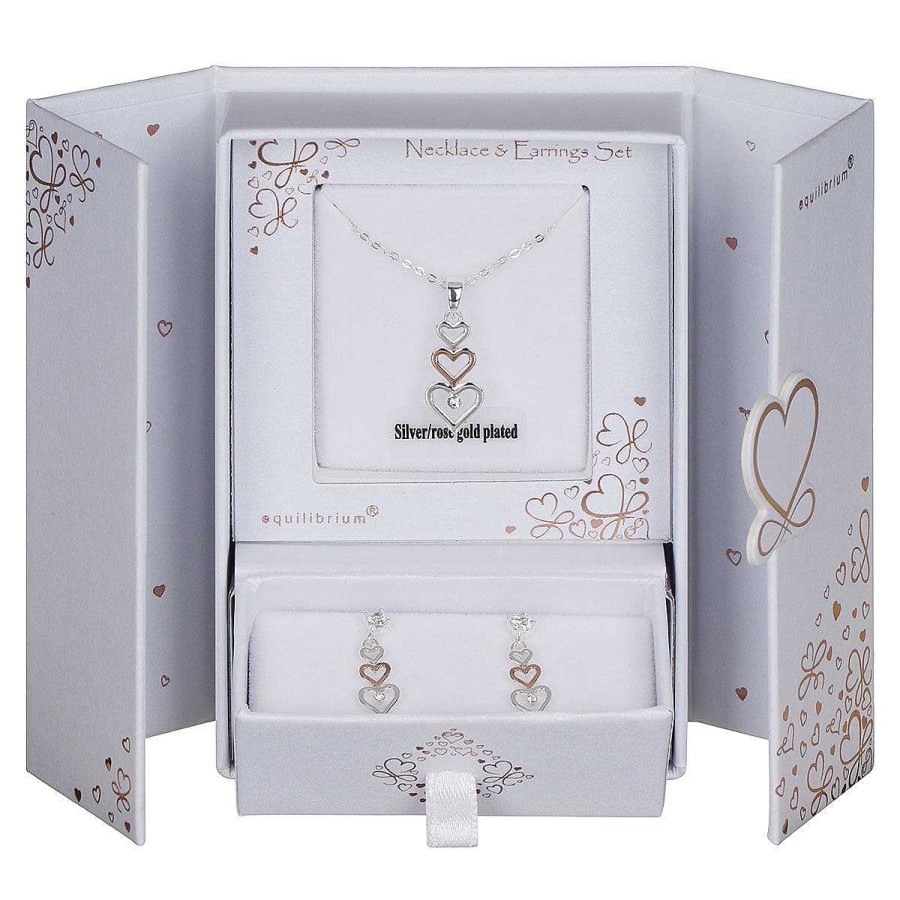 Bridal Jewellery | Equilibrium Equilibrium Two Tone Trio Of Hearts Necklace & Earrings Gift Set