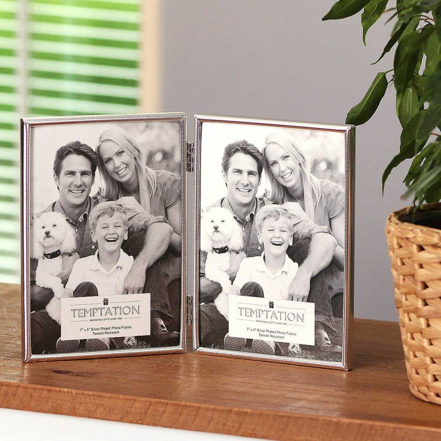 Photo Albums & Frames | Temptation Temptation Silver-Plated Narrow Ribbed Double Frame 5X7