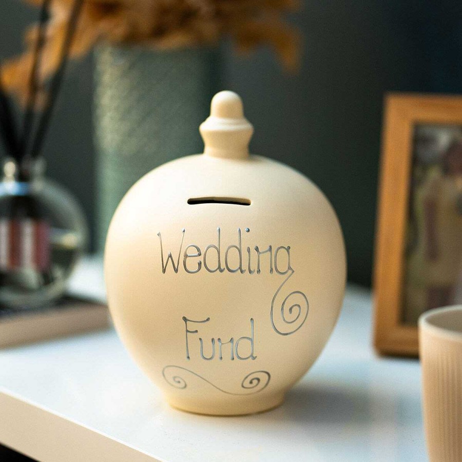 Money Pots | Temptation Temptation 'Wedding Fund' Silver On Cream Money Pot