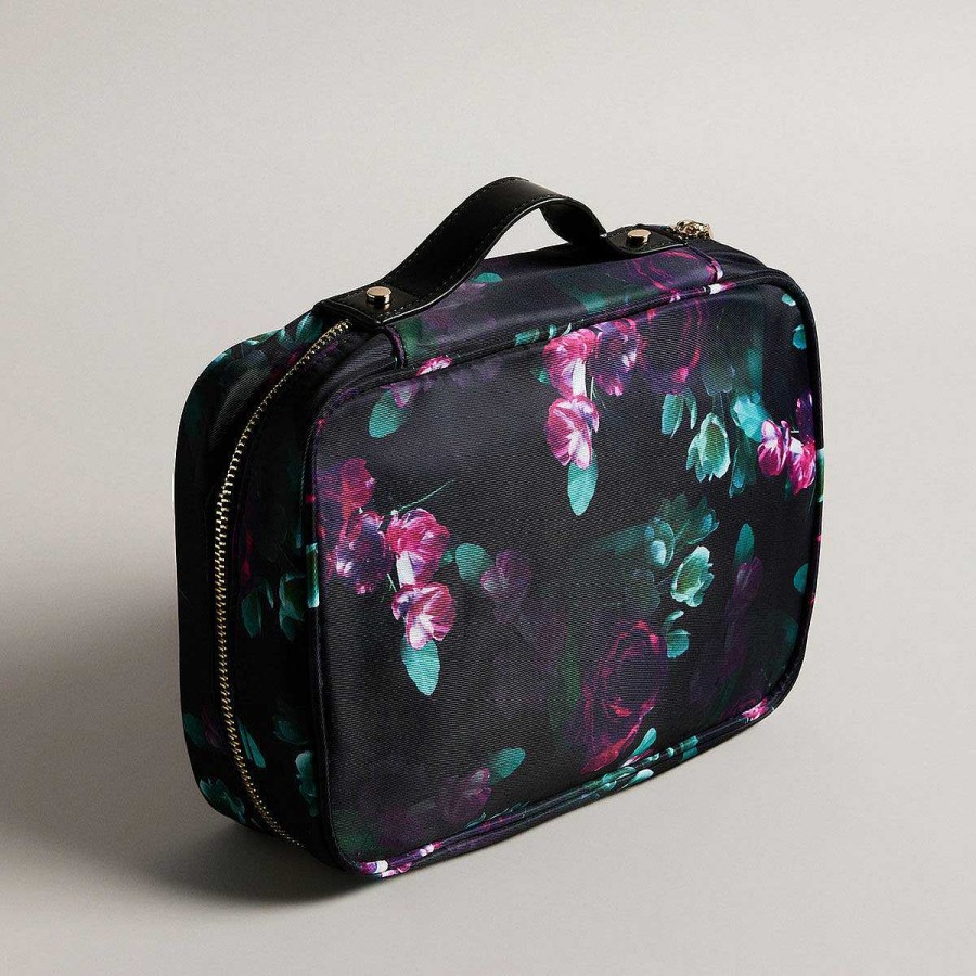 Wash Bags | Ted Baker Ted Baker Haritte Black Floral Small Hanging Travel Wash Bag