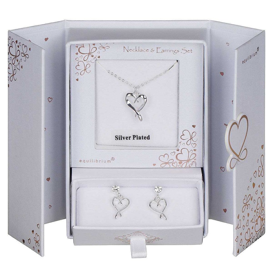 Bridal Jewellery | Equilibrium Equilibrium Silver Plated Kissing Heart Necklace & Earrings Gift Set