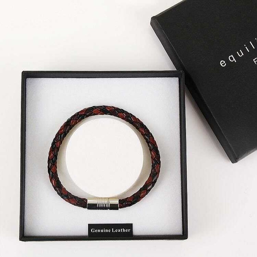 For Men | Equilibrium Equilibrium Men'S Three Tone Plait Leather Bracelet Red Brown Black