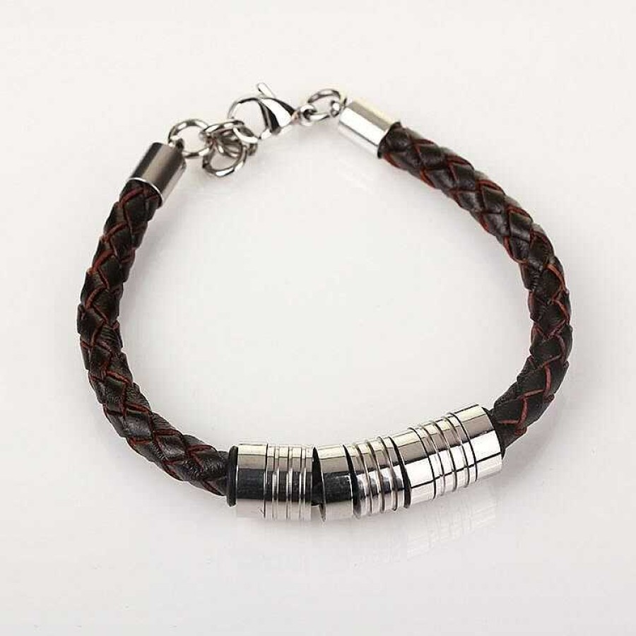 For Men | Equilibrium Equilibrium Men'S 7 Ring Stainless Steel Brown Leather Bracelet