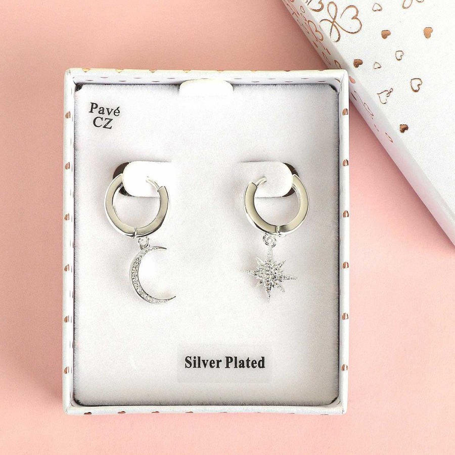 Earrings | Equilibrium Equilibrium Silver Plated Celestial Moon Star Huggie Earrings