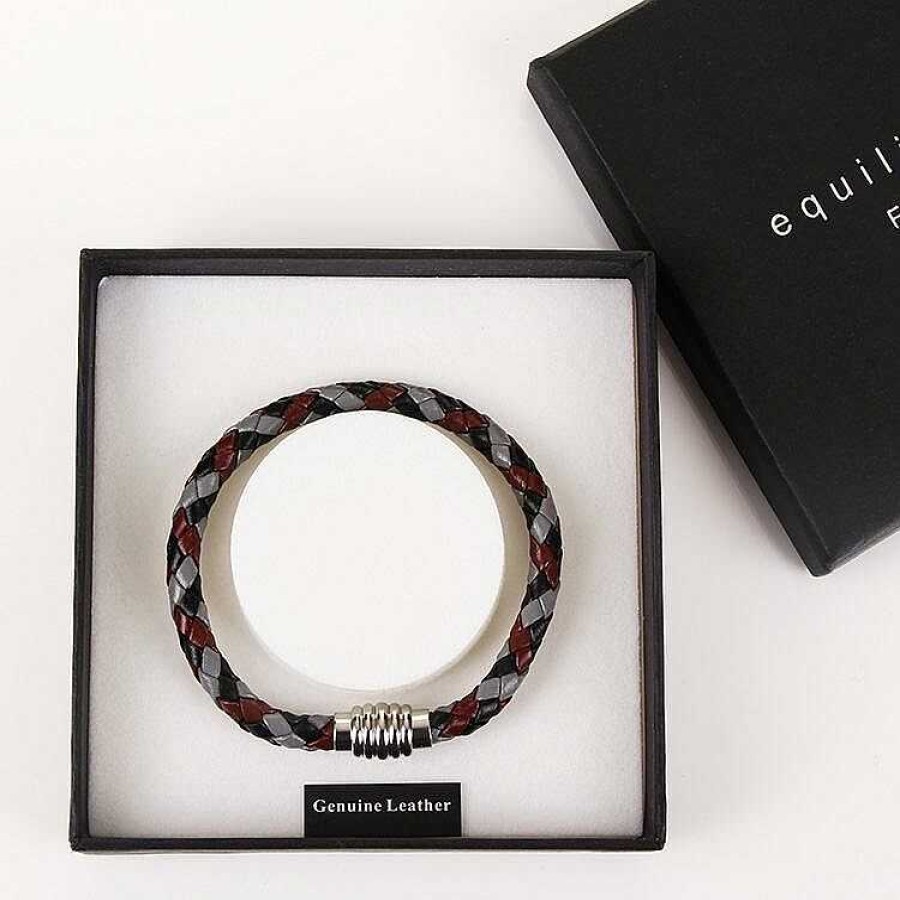 For Men | Equilibrium Equilibrium Men'S Three Tone Plait Leather Bracelet Grey Red Black