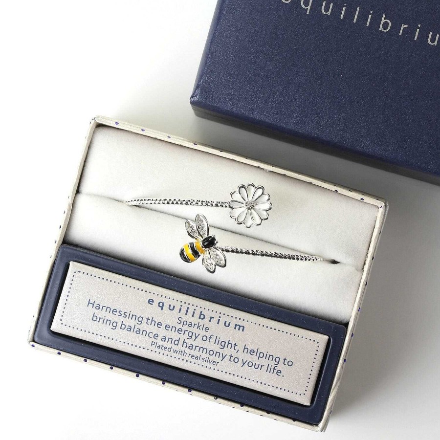 Fashion & Jewellery | Equilibrium Equilibrium Silver Plated Hand Painted Bee Bangle With White Flower