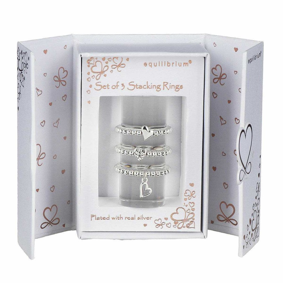 For Bridesmaids | Equilibrium Equilibrium Silver Plated Rings Hearts 3 Stacking Rings Gift Set