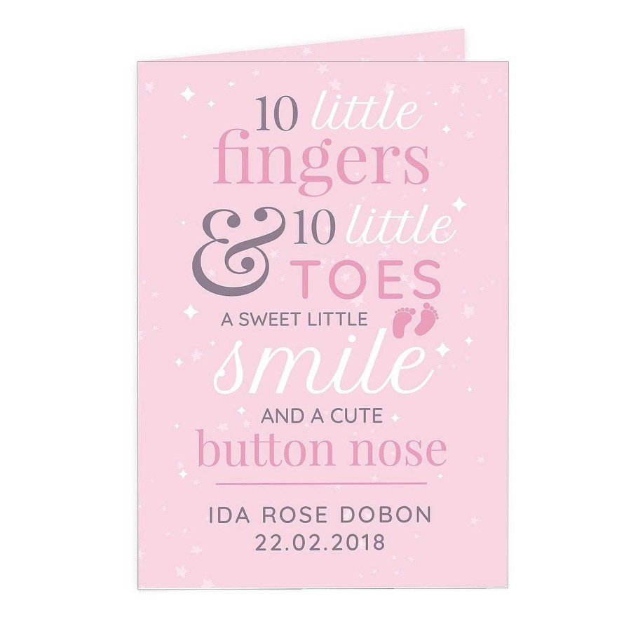 New Baby | Temptation Gifts Personalised '10 Little Fingers' Pink Baby Card