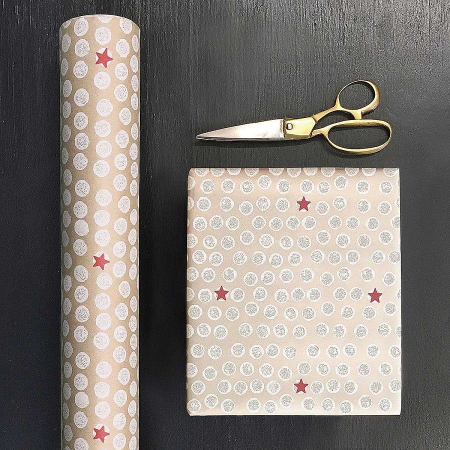 Wrapping Paper | East of India East Of India White Dots & Red Stars Roll Of Kraft Paper