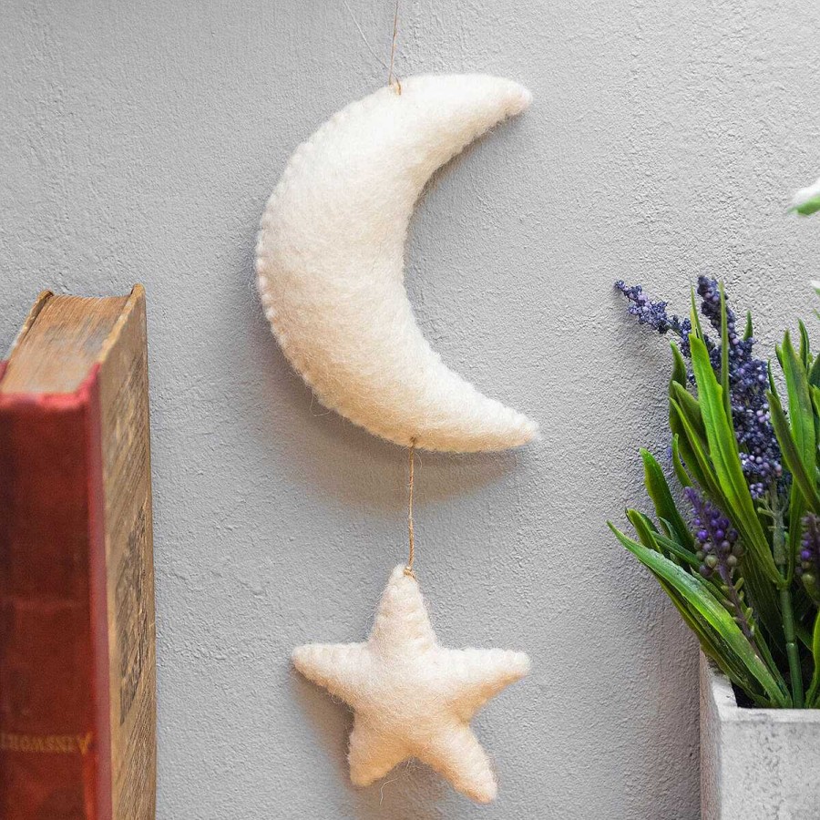 Christening Gifts | East of India East Of India White Felt Moon & Stars Decoration