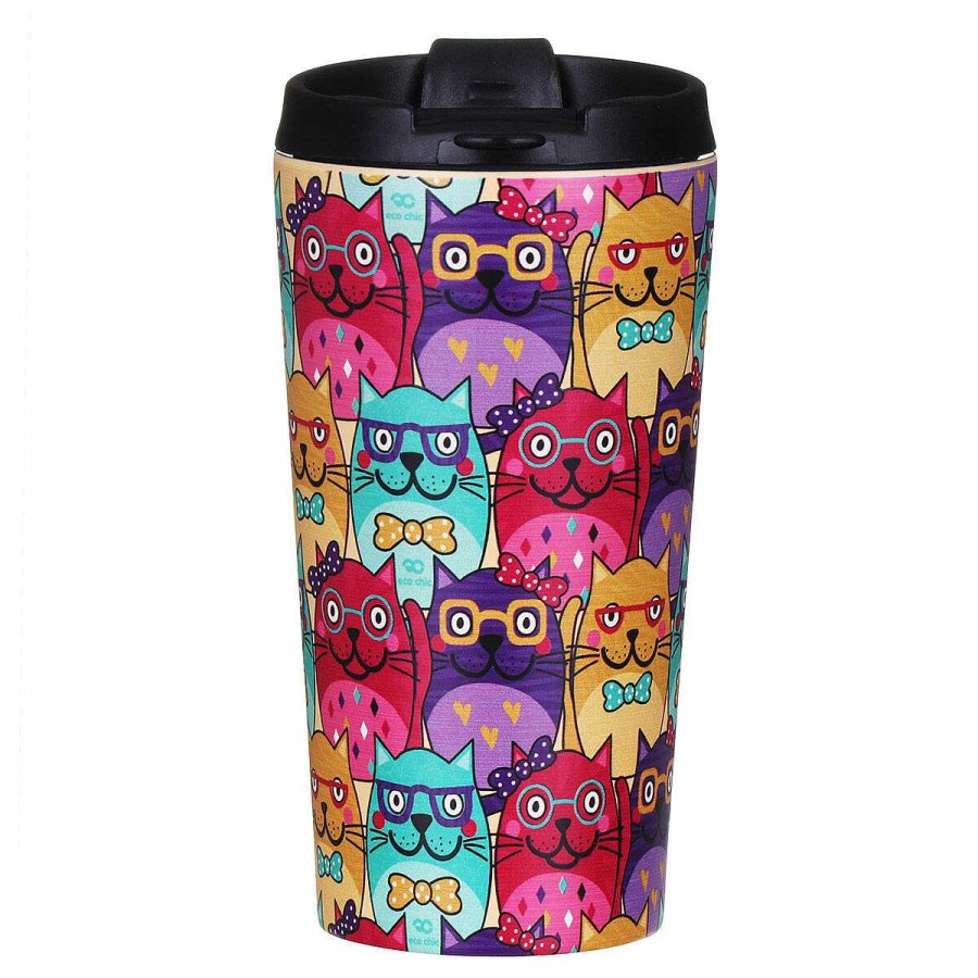 Travel Mugs | Eco Chic Eco Chic Cats With Glasses Stainless Steel Travel Coffee Cup