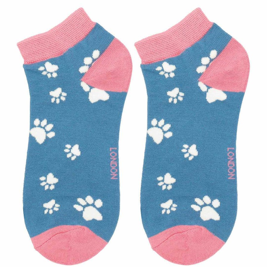 New In | Miss Sparrow Miss Sparrow Denim Blue Paw Prints Women'S Bamboo Trainer Socks